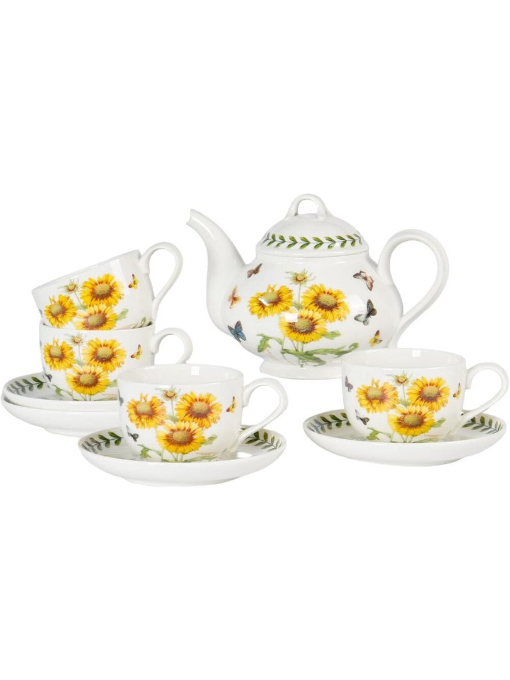 Botanical Floral 9-Piece Porcelain Tea Set for 4 - Teapot, Teacups & Saucers